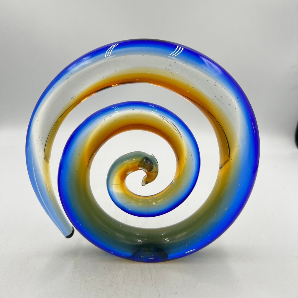 Hand Blown Art Glass Spiral Sculpture Cobalt Blue Amber Sommerso Murano Style 7"